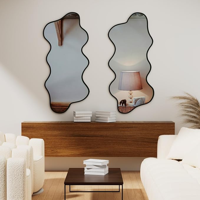 Irregular Wavy Wall Mirror Asymmetrical Shaped Aluminum Alloy Framed Big Unique Full Length Mirror for Living Room Bathroom Bedroom Entryway Fireplace (Black, 47"x21")
