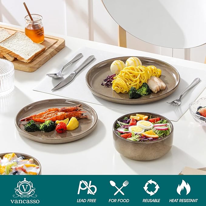 vancasso PLAYA Plates and Bowls Sets, 24 Pieces Dark Brown Dinnerware Sets for Kitchen, Reactive Glaze Dishes Set for 8, Dishwasher and Microwave Safe