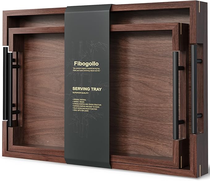 Fibogollo Walnut Wood Set of 2 Serving Tray with Metal Handles,Ottoman Decorative Trays Platter for Coffee Table,Living Room,Bar