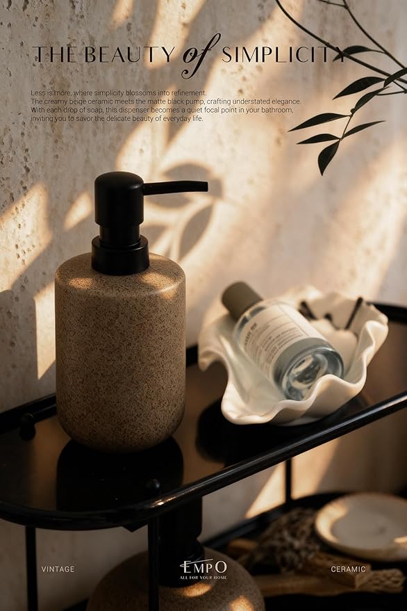 EMPO Ceramic Hand Soap Dispenser with Matte Black Pump, Stone-Textured Wabi-Sabi Liquid Dispenser for Bathroom Vanity and Kitchen Sink (350ml/11.83oz)
