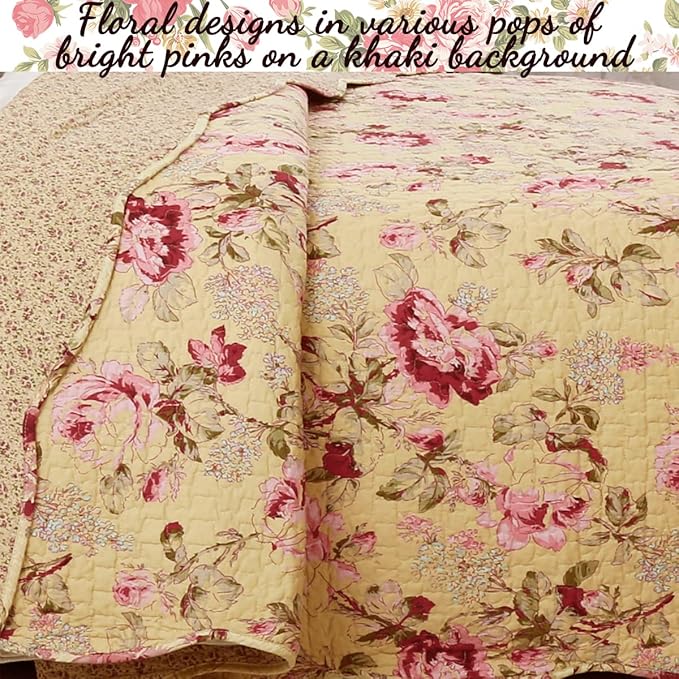 Cozy Line Home Fashions Lelia Pink Rose Blooming Floral Vintage Yellow 100% Cotton Reversible Quilt Bedding Set, Coverlet Bedspread (Rose Vivid, King - 3 Piece)