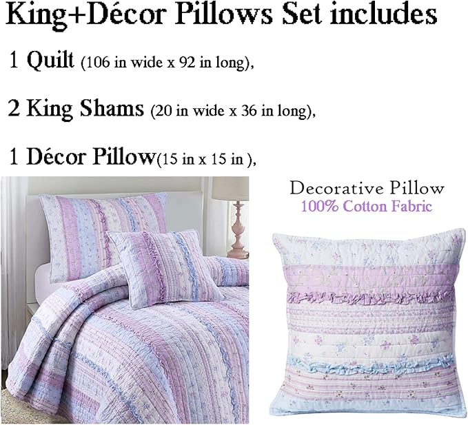Cozy Line Home Fashions Shabby Chic Romantic Lace Purple Blue Floral Cotton Bedding Quilt Set, Reversible Coverlet, Bedspread (Lavender, King-4 Piece: 1 Quilt+2 King Shams+1 Decor Pillow)