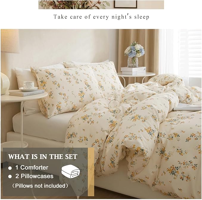 VM VOUGEMARKET Rose Flower Comforter Set Full 3 Pcs Vintage Yellow Floral Bedding Comforter with 2 Pillowcases Soft & Lightweight Comforter Set for Girls Women 80"x90"
