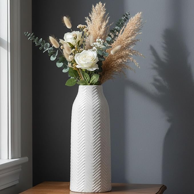 hjn Large White Vase for Flowers Ceramic Vase for Home Decor Tall Vases for Your Floor/Kitchen/Office/Living Room/Table- White Texture(Large)