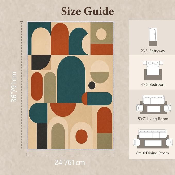 Teal Rust Area Rug 2x3, Mid Century Modern Mosaic Geometric Rug, Retro Abstract Color Block Washable Low Pile Non Slip Rug for Living Room Bedroom