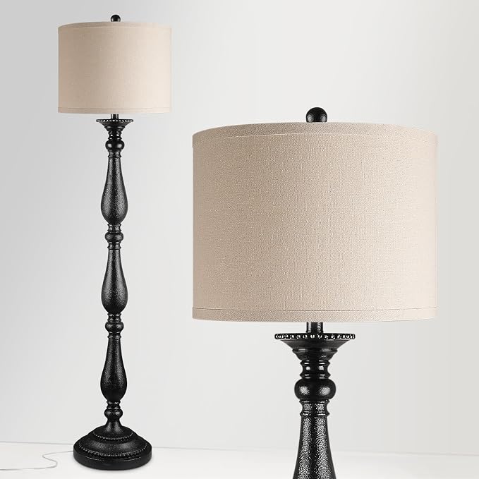 PARTPHONER Vintage Floor Lamp for Living Room, Rustic Farmhouse Standing Lamp with Rotary Switch and Linen Shade, Retro Resin Floor Lamp for Bedroom, Corner, Dining Room, House Decor, Black