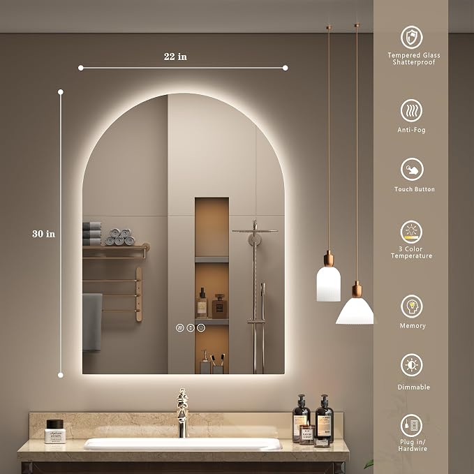 22x30 Arched LED Mirror for Bathroom, Arched Lighted Vanity Mirror, Dimmable, Backlit, Shatter-Proof, Anti-Fog, 3 Colors, Memory, ETL Listed