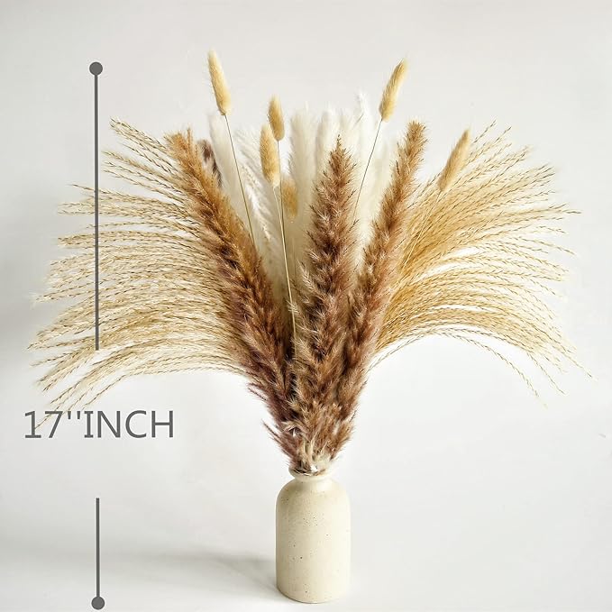 200 PCS Small Boho Pampas Grass, 17" Naturally Dried Pompas, Pampas Grass Decor for Wedding , Boho Party Decorations, Table Decor（Brown and White）