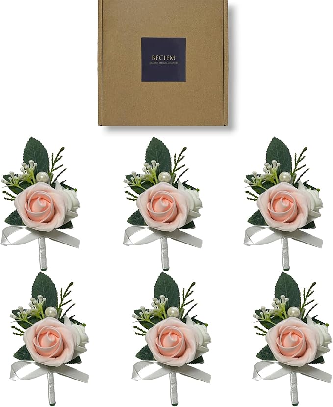 6PCS Blush Pink Boutonniere for Men,Coral Pink Boutonniere Pins for Men Groomsmen Guest Boutonniere, Artificial Flowers for Wedding Decor Prom Homecoming