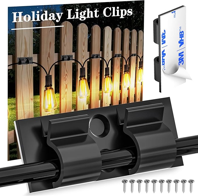 XHF 30PCS Black Hooks for Outdoor String Lights Clips, Heavy Duty Adhesive wih Holes and Screws, for Hanging Christmas Lighting