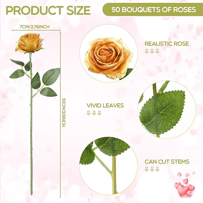 Jexine 50 Pcs Artificial Rose Flower Bulk Realistic Silk Fake Roses with Long Stem Plastic Artificial Flower Bouquet Real Looking for Home Wedding Centerpieces Party Decoration(Gold)