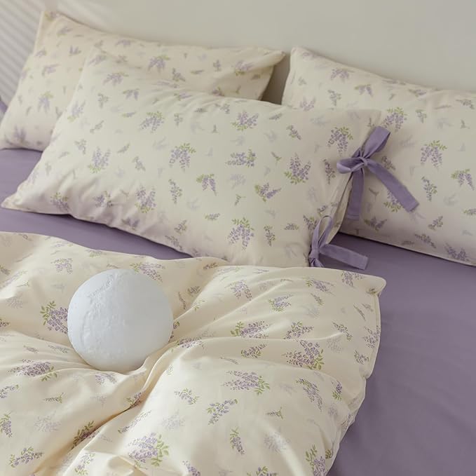 EAVD Garden Purple Floral Duvet Cover Full Girls Soft Cotton Chic Shabby Lavender Floral Print Bedding Set with 2 Pillowcases Vintage Botanical Duvet Cover with Zipper Closure