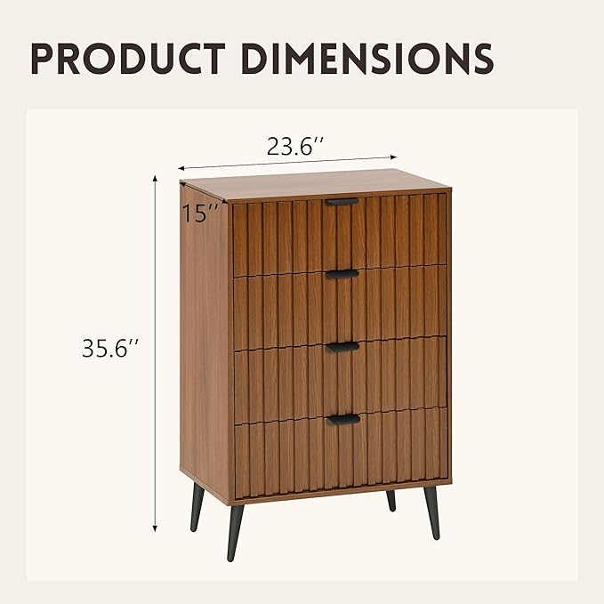 Fluted Dresser for Bedroom with 4 Drawers, 24'' Wide Modern Dresser with Metal Handle, Natural Wood Dressers Organizer with Blister Drawers for Bedroom, Brown