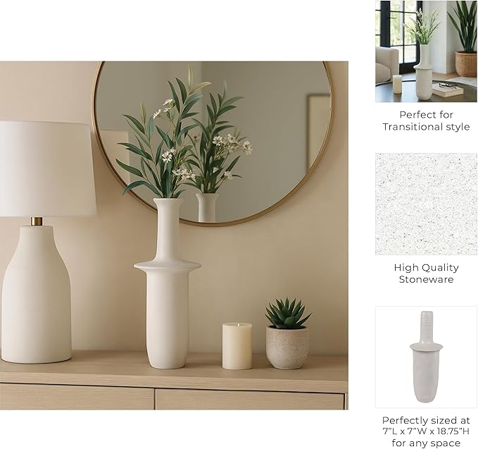 Ceramic Flower Vase for Living Room Decor – Elegant Tall Home and Office Vase with Unique Flared Top Perfect for Fresh Florals – A Modern Centerpiece for House, Bedroom, and Tabletop – 19" Ivory