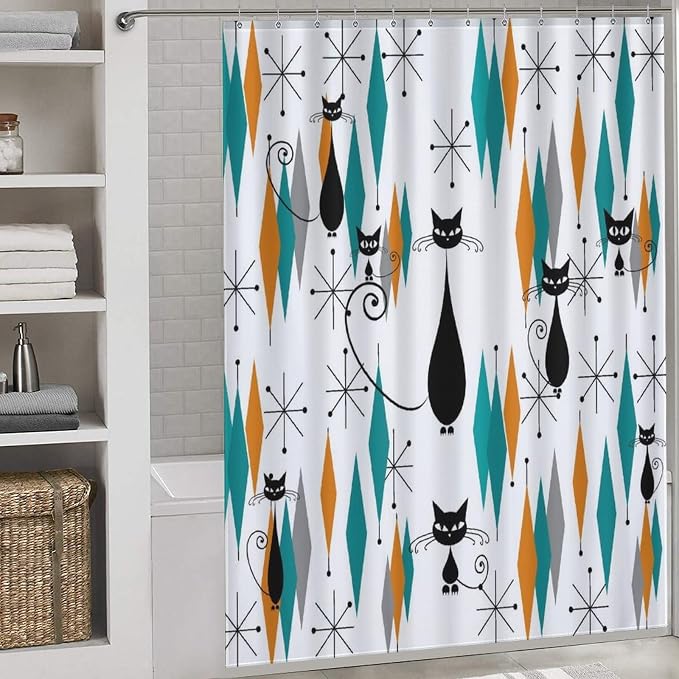 Mid Century Modern Cat Shower Curtain,Abstract Atomic Starburst Geometric Diamond Pattern Shower Curtains Set for Bathroom Fabric Decorative Bath Curtain Washable Curtain Hooks, 72x72”