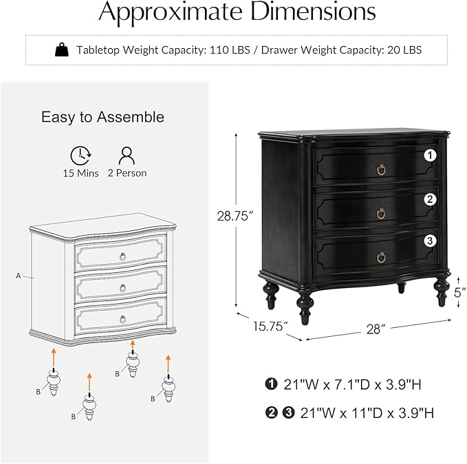 HULALA HOME Traditional Side Tables with 3 Drawers, Tall Side Table with Curved Front Profle Desgin, Charging Station, Solid Wood Legs, Set of 2, Black