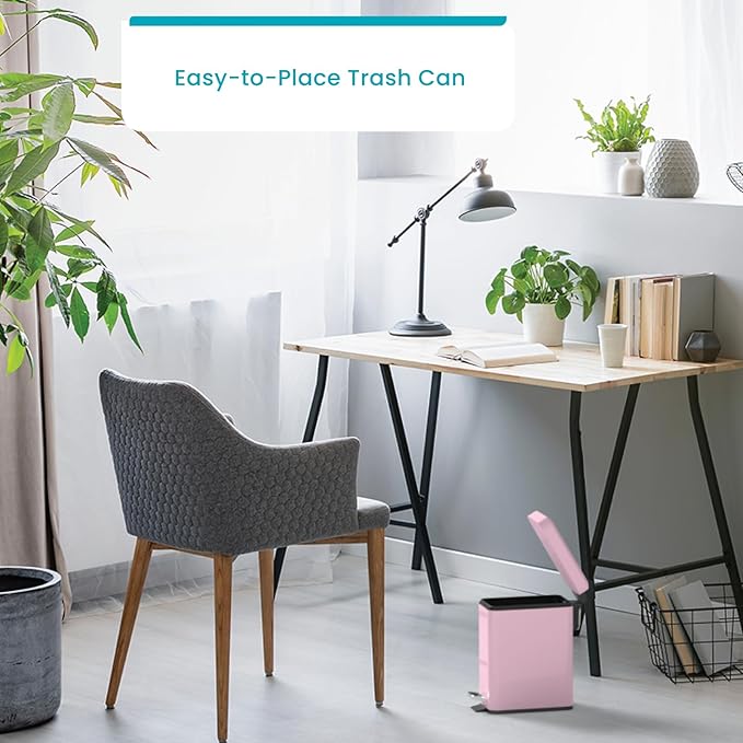 Home Zone Living 1.3 Gallon Small Bathroom Trash Can with Lid and Step Pedal, Stainless Steel Wastebasket with Slim Design for Home and Office, Matte Pink, 5 Liters