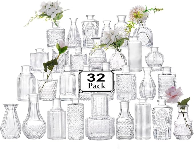 32pcs Glass Bud Vase Set, Small Vintage Glass Vase, Mini Vases for Flowers for Wedding, Party, Home or Table Decoration