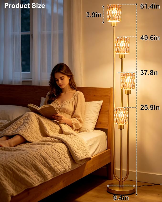 Lightdot 4-Lights Glass Floor Lamp Dimmable Gold Floor Lamps with Amber Rippled Glass Shade& Bulbs Included Unique Modern Standing Tall Lamp with 5Lbs Heavy Base for Living Room/Bedroom/Sofa Beside