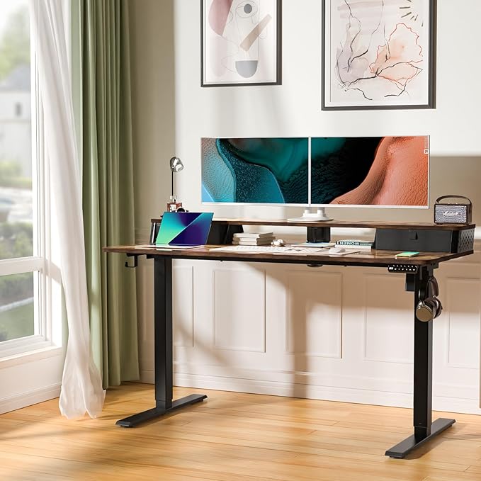Electric Standing Desk with 2 Drawers 55''x 24'' Adjustable Height Sit to Stand Up Desk with Storage Shelf, C-Clamp Mount Compatible Home Office Desks Computer Gaming Table Ergonomic Workstation