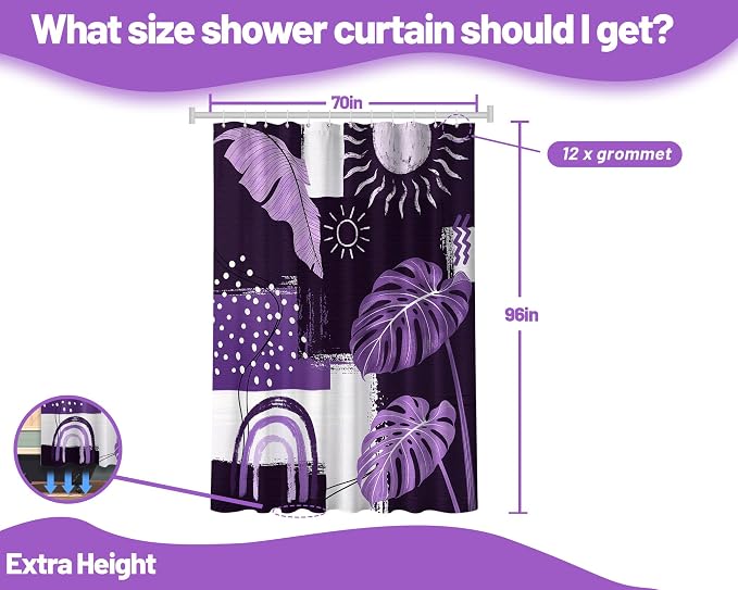 Extra Long Shower Curtain 96 Inchs Extra Tall Purple Mid Century Modern XL Abstract Lavender Shower Curtains for Large Bathroom Decor Sets, Waterproof Cloth Fabric with Hooks, 70 x 96 Inch