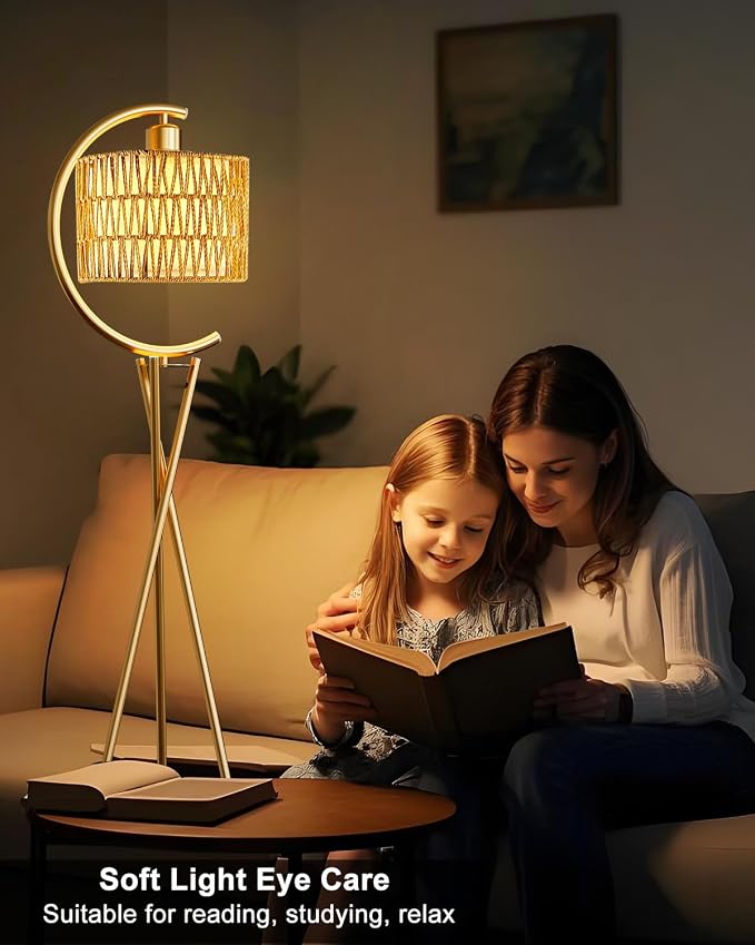 Lightdot Tripod Floor Lamp for Living Room, Gold Standing Lamp with Bulb Included, Boho Farmhouse Tall Lamp for Bedroom, Arced Reading Light with Rattan& Linen Shades for Sofa Beside/Corner Decor
