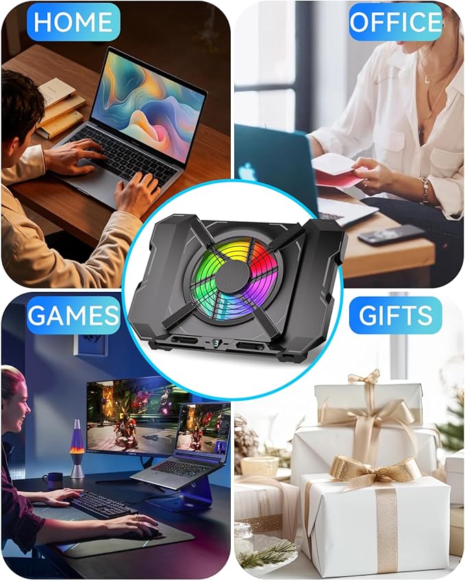GSCOLER Laptop Cooling Pad, Gaming Laptop Cooler with 7.1 Inch Powerful Fan, RGB Lights & 3-Speed Fan Control & LCD Diamond Design, Height Adjustable Quiet Laptop Cooling Stand for 12"-21" Laptops etc