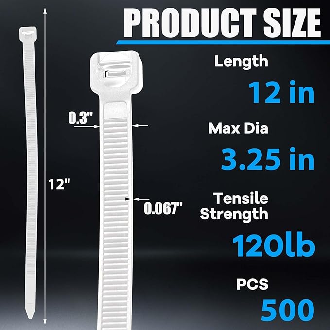 Reallnaive 500 Pcs 12 Inch Zip Ties Heavy Duty 120 Lbs Tensile Strength White Nylon Wire Cable Ties Bulk for Indoor Outdoor