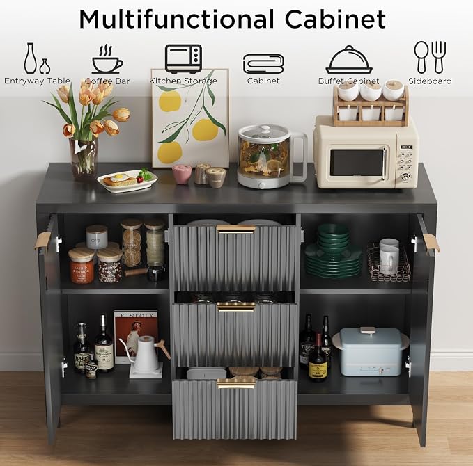47.2" Fluted Sideboard Buffet Cabinet, Modern Black Credenza with 2 Drawers & 2 Doors, 3-Level Adjustable Shelves, Waterproof Top, Gold Handles, Kitchen Entryway Living Room Storage (Glossy Black)