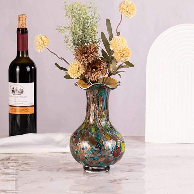 KAMMAK Colored Glass Vase, Beautiful Hand Blown Decorative Vase, Modern Art Vase for Flower Mantle Dining Table Centerpiece, Entryway Living Room Wedding Decoration, FH012
