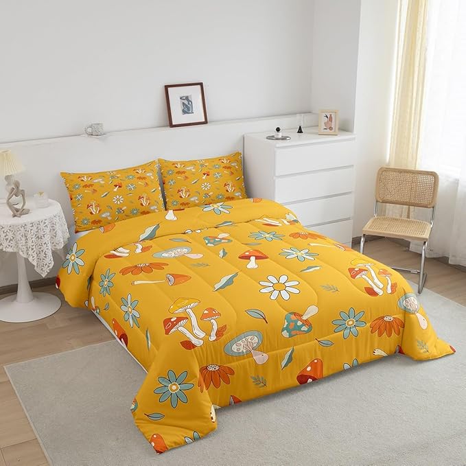 Castle Fairy Retro Hippie Mushroom Comforter Set Full Size,Groovy Flowers Floral Bedding Comforters for Girls Teens Gift,Yellow Boho Quilt Set with 2 Pillowcases,Chic