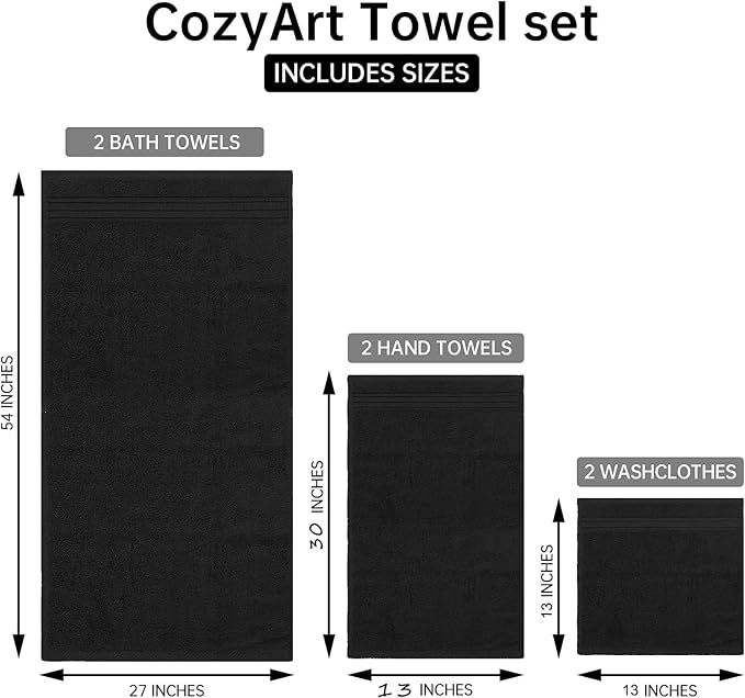 COZYART Black Bathroom Towel Sets 6Pcs 650 GSM 100% Cotton Bath Towel Set for Bathroom Super Absorbent Durable Luxury Set with 2 Bath Towels, 2 Hand Towels, 2 Washclothes