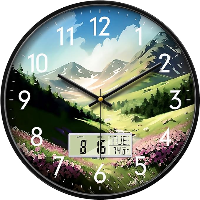 Mountain Wildflowers Wall Clock, 14 Inch Silent Non-Ticking Battery Operated Analog Clock with LCD Date Day Temp Display, Decorative for Living Room, Bedroom, Kitchen, Farmhouse, Cabin