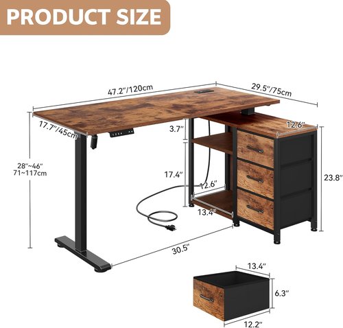 Skiennix 47-Inch L-Shaped Desk - Electric Standing Computer Table with 3 Drawers & Power Outlets | Rustic Brown