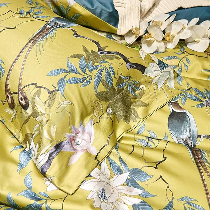 mixinni Duvet Cover California King Size Floral Bird Pattern Cotton Duvet Cover Set with Zipper Closure and Ties for Women and Men, Ultra Soft, Breathable, Easy Care-California King Size