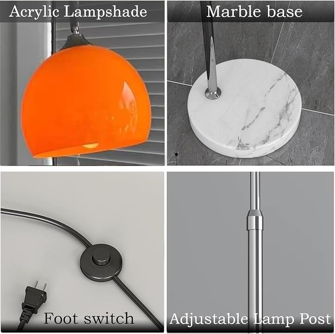 Orange Arc Floor Lamp with Acrylic Shade,Arch Reading Lamp Floor Standing,Mid Century Modern Orange Standing Lamp for Living Room Bedroom