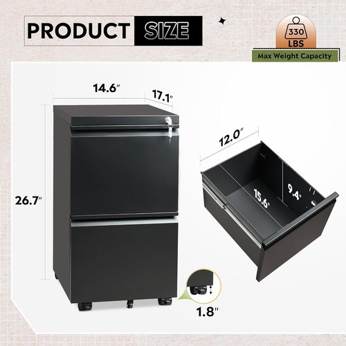 DEVAISE 2 Drawer Metal File Cabinet - Fully Assembled, Lockable, Under Desk, Black | Fits Letter/Legal/A4 Files