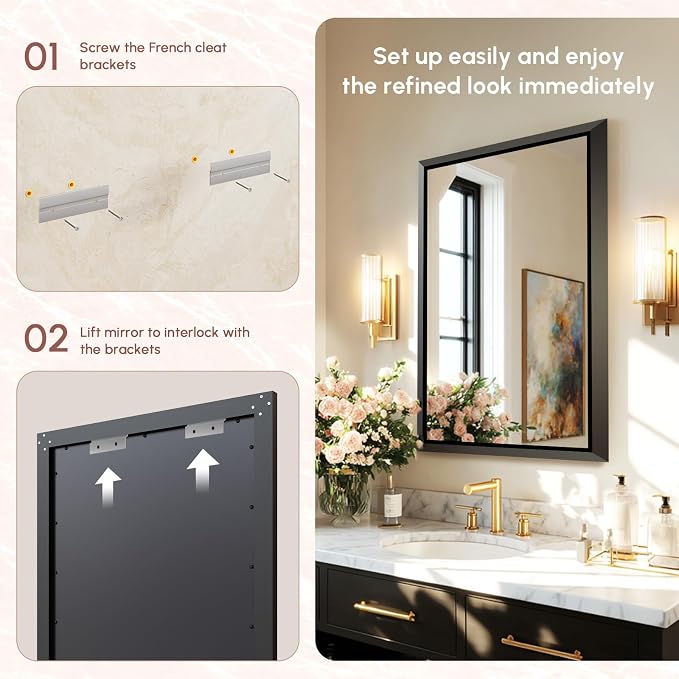 USHOWER 24x32 Inch Floating Bathroom Mirror - Brushed Black Wall Mirror for Over Sink, Beveled Aluminum Frame, Anti-Rust, Rectangular HD Reflection Small Vanity Mirror(Copper-Free Silver Coating)