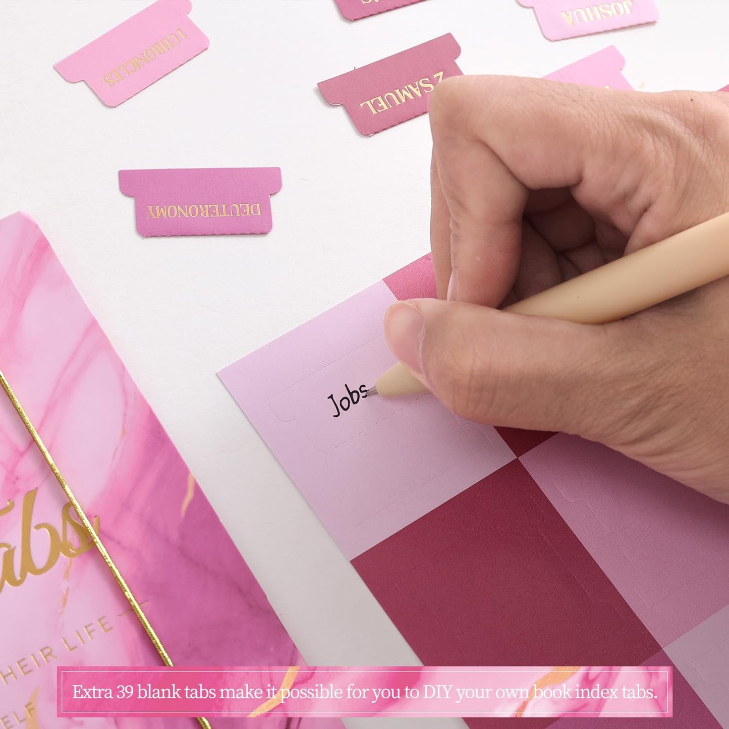 Skiennix Laminated Bible Tabs - Gold Foil Embossed Index Labels for Easy Navigation | 105 Chapters (Pink)