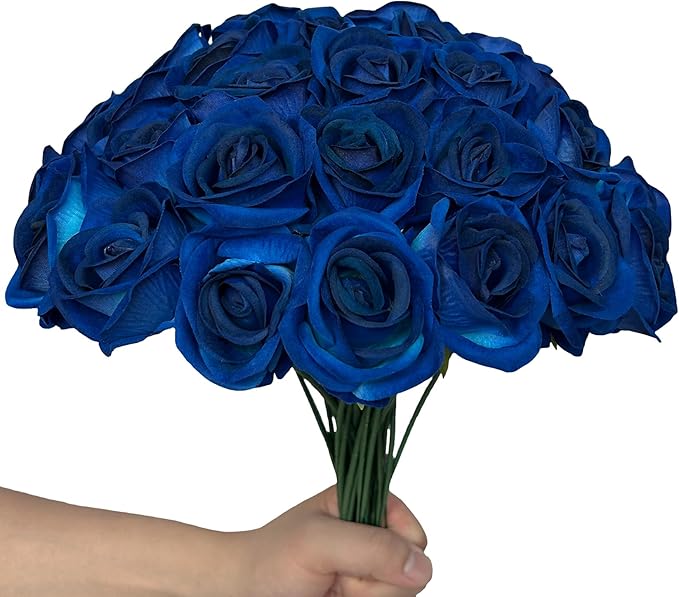 FagusHome 30 Pcs Silk Rose Artificial Flowers Roses Bulk Bouquet Fake Flowers Rose Heads with Stems for Home Wedding Decor (Dark Blue)