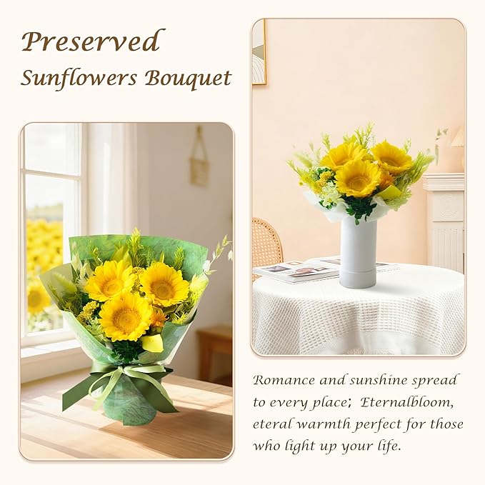 Preserved Flowers Sunflower Bouquet, Flowers Fresh Bouquet for Delivery, Preserved Eternal Flowers Bouquet Birthday Gifts for Women, Mom, Wife, Mothers Day, Grandma Her, Daughter That Last 1-3 Years