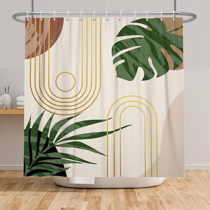 Boho Sage Green Shower Curtain Bohemian Mid Century Geometric Abstract Curve Bathroom Curtain Palm Leaf Polyester Shower Curtain Sets for Bathroom Extra Long 72x84 in with 12 Hooks