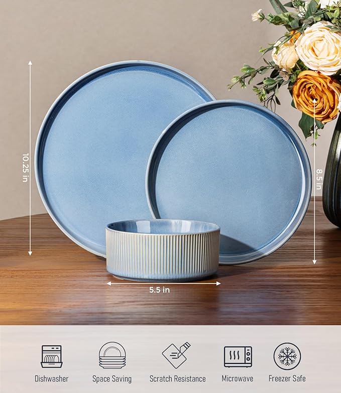GBHOME 12-Piece Stoneware Dinnerware Set for 4 – Ribbed Ceramic Plates and Bowls, Scratch-Resistant, Microwave & Dishwasher Safe, Reactive Glaze, Alaskan Blue