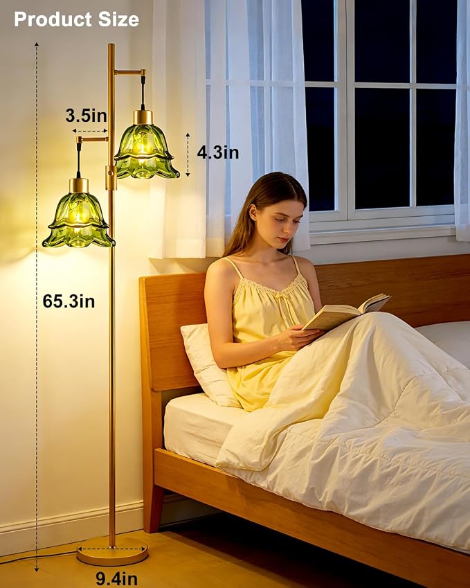 Lightdot 65IN Gold Flower Floor Lamp for Living Room, 2- Light Dimmable Floor Lamps with Green Glass Lampshade, 3000K Warm White Modern Standing Tall Lamp with 5Lbs Heavy Base for Bedroom Sofa Beside