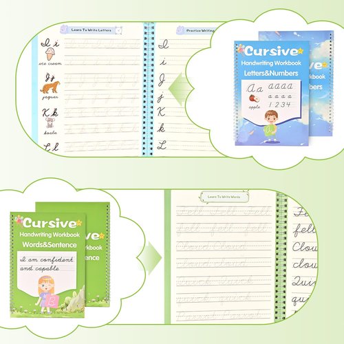Grooved Cursive Handwriting Workbook by [Brand Name] - 2 Pack Reusable Practice Books for Kids Ages 8-12