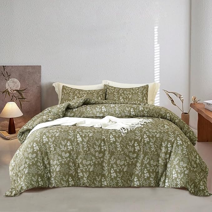 EAVD Girls Olive Green Floral Duvet Cover Twin Soft Cotton Chic Shabby Garden Floral Botanical Bedding Set with 2 Pillowcases Reversible Vintage Floral Botanical Duvet Cover with Zipper Closure