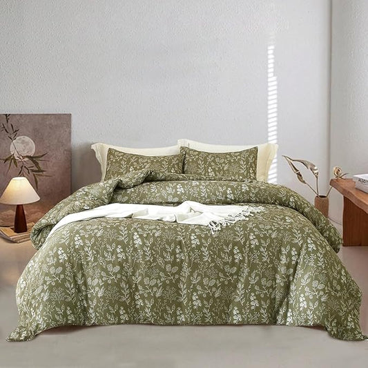 EAVD Girls Olive Green Floral Duvet Cover Twin Soft Cotton Chic Shabby Garden Floral Botanical Bedding Set with 2 Pillowcases Reversible Vintage Floral Botanical Duvet Cover with Zipper Closure