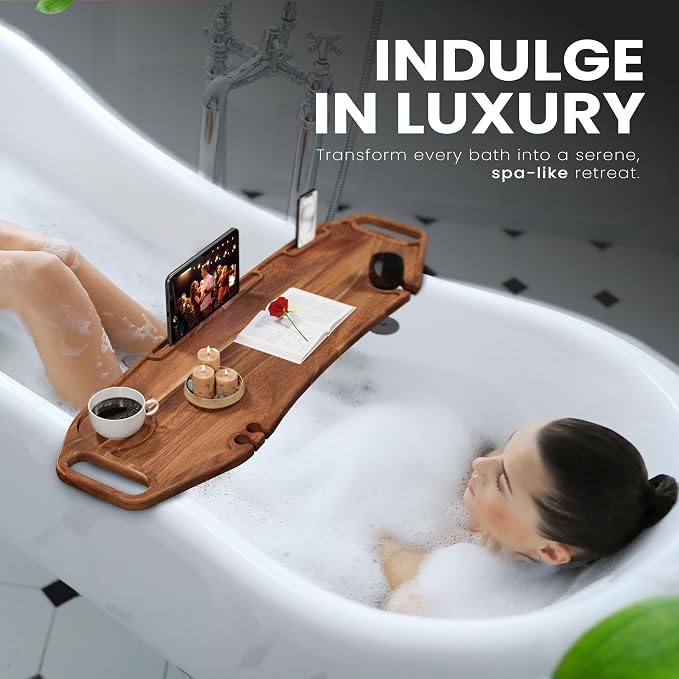 Lush & Style Premium Bathtub Tray Large 35x10 Inch, Acacia Wood Luxury, Waterproof, Non-Toxic, Adjustable Legs, No Tools Required,Caddy Tray,New Home Essenials Make sure to measure before 35 Inch Long