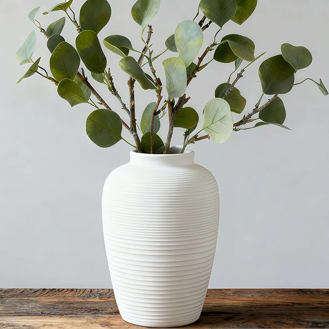 Large Ceramic Vase, 10.24 inch Minimalist Vase for Home Decor, Handmade Farmhouse Flower Vase for Table Centerpiece, Wedding, Living Room, Kitchen Decoration, Shelf Decor (Rice White)