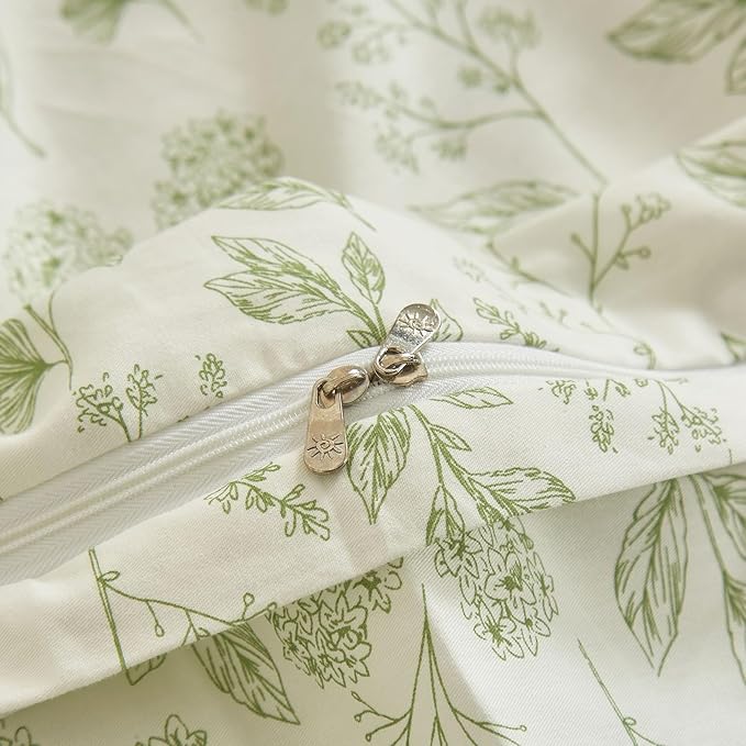 EAVD Reversible Botanical Floral Duvet Cover Queen Soft Cotton Chic Shabby Garden Green Floral Bedding Set with 2 Pillowcases Fresh Vintage Style Green Floral Comforter Cover with Zipper Closure